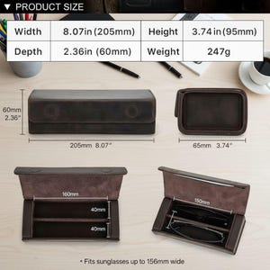 以下が含まれることがあります： 幅205mm、高さ95mm、奥行き60mmの茶色の革製サングラスケース。長方形の形状で、内側は柔らかい素材です。幅156mmまでのサングラスに対応しています。