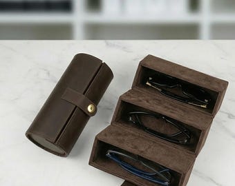Estuche enrollable de cuero Crazy Horse para gafas de sol / Estuche de viaje de 3 compartimentos para gafas / Organizador de lujo para relojes y joyas / Regalo personalizado para hombres y mujeres