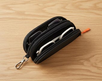 Double Glasses Case with Carabiner Clip | Hands-Free Travel Organizer | Dual Sunglasses Pouch for Backpack | Protective EDC Hanging Bag