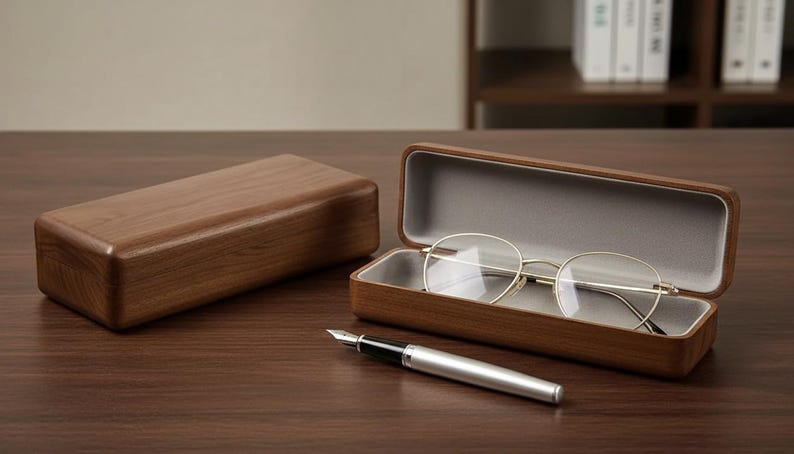 以下が含まれることがあります： 丸いフレームの眼鏡が入った木製の眼鏡ケース。閉じた木箱と銀色のペンも濃い木材の表面にあります。ケースの内側は明るいグレーです。
