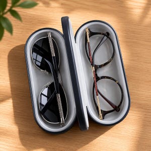 May include: An open, oval-shaped, dark blue storage case with a light gray interior. The left side holds a pair of dark-tinted sunglasses with silver-toned textured temples, while the right side contains a pair of tortoiseshell-patterned eyeglasses.