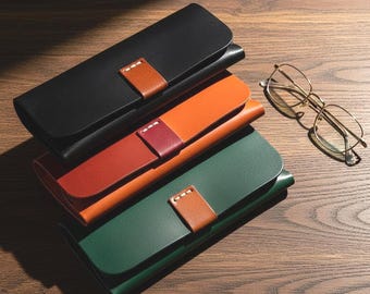 Slim Full Grain Leather Eyewear Sleeve | Hand Stitched Hard Sunglasses Case | Luxury Minimalist Glasses Holder | Personalized Gift