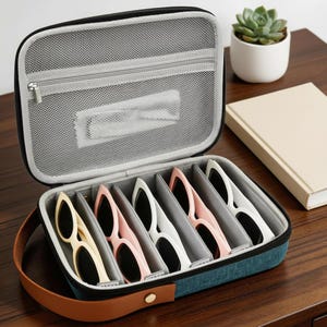 Op de afbeelding: Een turquoise zonnebril etui met een bruin handvat, open om verschillende zonnebrillen in verschillende kleuren te onthullen. De etui heeft een mesh interieur en een ritssluiting. De zonnebrillen zijn in crème, roze, wit en grijs.