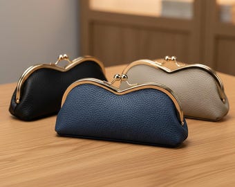 Estuche para gafas con cierre de beso estilo vintage / Estuche para gafas de cuero genuino / Bolsa de almacenamiento retro para gafas de sol / Regalo de lujo para mujeres y hombres