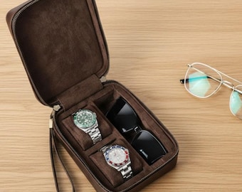 Premium Crazy Horse Leather Travel Case | Dual Watch & Sunglasses Box | Luxury Eyewear Organizer | Hard Leather Jewelry Pouch | Travel Gear