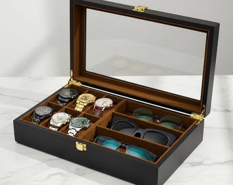 Luxury Sunglasses Display Case | Large Glass Top Eyewear Organizer | Premium Black Wood Glasses Box | Multi-Slot Mens Valet Tray for Watches