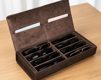 Organizador de gafas de sol de cuero Crazy Horse / Caja de almacenamiento de gafas auténticas con múltiples ranuras / Estuche de viaje para varios pares de gafas / Regalo de lujo