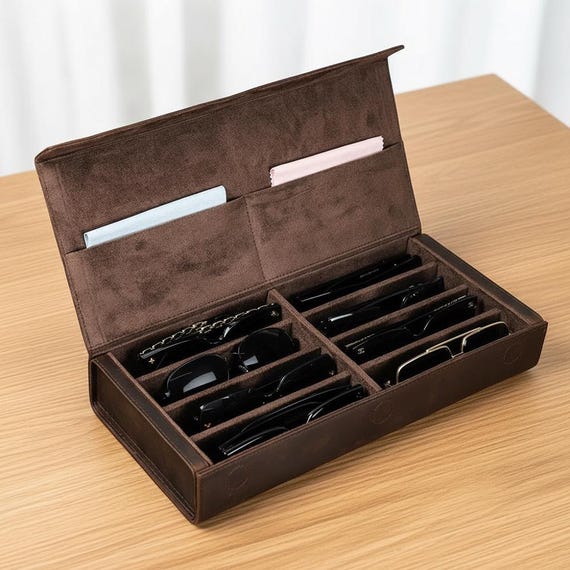 Crazy Horse Leather Sunglasses Organizer | Multi Slot Genuine Eyeglass Storage Box | Multiple Pair Travel Glasses Case | Luxury Gift