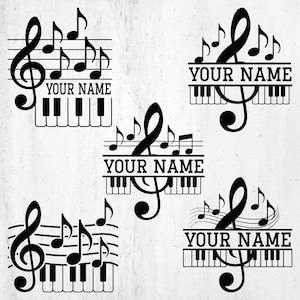 May include: Black musical design elements featuring treble clefs, musical notes, and piano keys. Each design includes the text "YOUR NAME". The designs are suitable for music-themed crafts and projects.