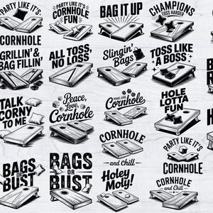 Puede incluir: Una colección de diseños en blanco y negro con temática de cornhole. Cada diseño presenta una tabla de cornhole y sacos de frijoles, con frases como "Toss Like a Boss" y "Party Like It's Cornhole Fun."