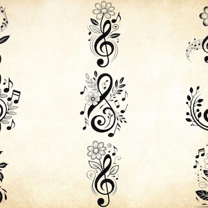 Puede incluir: Una colección de diseños musicales en blanco y negro. Cada diseño presenta una clave de sol, flores, hojas y notas musicales. Los diseños están dispuestos en un patrón simétrico sobre un fondo beige.