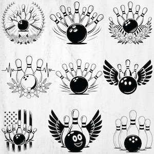 May include: A collection of nine black and white bowling-themed designs. The designs include bowling pins and balls, some with floral accents, wings, or an American flag motif. Ideal for sports enthusiasts.