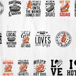 May include: A selection of hot dog-themed graphic designs. The designs feature text such as "It's a bad day to be a hot dog" and "I like hotdogs". The images include cartoon hot dogs and various fonts.