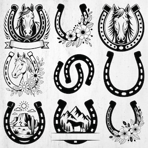 May include: A collection of nine black and white horseshoe designs. Each horseshoe features a different design, including horse heads, flowers, desert landscapes, and mountain scenes. The designs are suitable for various crafts and projects.