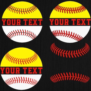 May include: A digital graphic featuring softball designs. Each softball is split into yellow and white sections with red stitching. The text "YOUR TEXT" is displayed in red. Additional elements include SVG, EPS, DXF, and PNG labels.