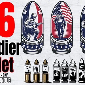 May include: A vector bundle featuring illustrations of soldiers and bullets. The design includes the number "66", the words "Soldier Bullet", and various images of soldiers with the American flag. The bundle is available in EPS, PNG, SVG, and DXF formats.