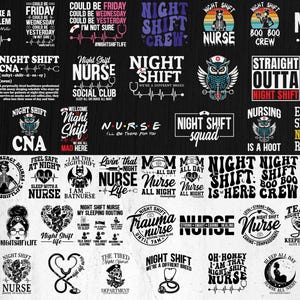 Op de afbeelding: Een verzameling zwart-witte grafische ontwerpen met tekst over verpleging en nachtdiensten. Ontwerpen bevatten zinnen als "Night Shift Nurse", "Night Shift Crew" en "Eat, Sleep, Night Shift, Repeat."