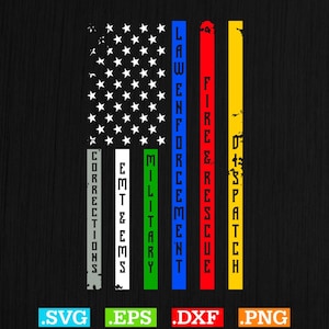 Può includere: Design della bandiera americana con testo che rappresenta diversi servizi di emergenza e militari. La bandiera presenta stelle bianche e strisce verticali in grigio, bianco, verde, blu, rosso e giallo, con testo corrispondente.