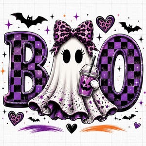 Fantasma Viola Boo Coffee Halloween PNG, Fantasma con Fiocco Leopardato, Clipart di Fantasma Carino