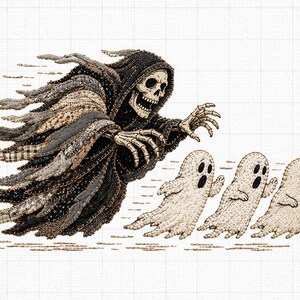 May include: An embroidered patch design featuring a dark, hooded skeleton figure with outstretched skeletal hands reaching towards three small, white, wide-eyed ghosts that appear to be fleeing in a horizontal motion across the frame.