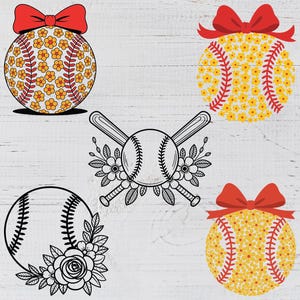 Puede incluir: Una colección de diseños con temática de béisbol. Incluye pelotas de béisbol decoradas con flores y lazos, y una pelota de béisbol con bates cruzados y detalles florales. Los diseños están en formatos SVG, EPS, DXF y PNG.