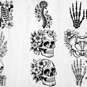 May include: Black and white illustrations of anatomical elements, including a rib cage, spine, pelvis, and hands, adorned with floral designs. Skulls with floral crowns are also featured, creating a gothic and botanical theme.