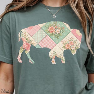Comfort Colors® Floral Bison Printed Pastel Patchwork T-shirt | Vintage Quilt Pattern Print Tee | Cottagecore Buffalo Shirt
