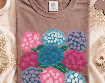 Comfort Colors® Hydrangea Shirt, Cottagecore Pink Blue Purple Hydrangeas Tee, Vintage Style Boho-Floral T-Shirt, Retro Style Flowers Tshirt