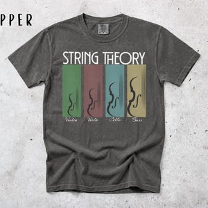 May include: A grey t-shirt with the words "STRING THEORY" in white. Below the text are four vertical rectangles in green, red, blue, and tan, each with a violin illustration and the names "Violin", "Viola", "Cello", and "Bass".