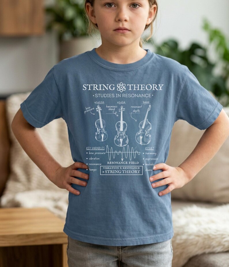 May include: A dusty blue short-sleeve t-shirt featuring a white graphic print titled STRING THEORY STUDIES IN RESONANCE. The design includes line drawings of a violin, viola, and bass, along with scientific text labels and a wave diagram.