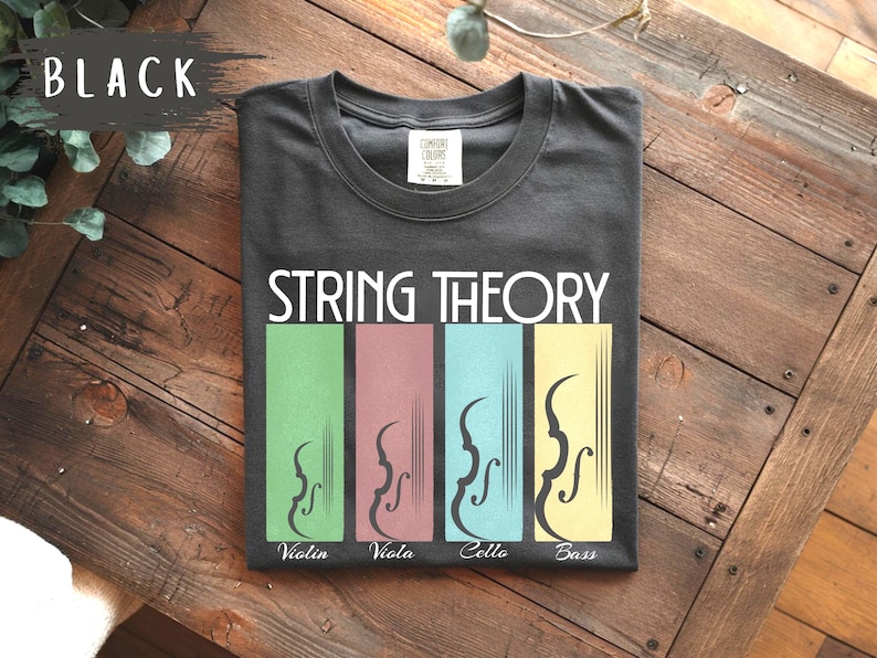 May include: A black t-shirt featuring the text "STRING THEORY" in white. Underneath, four vertical rectangles display violin illustrations and the names "Violin", "Viola", "Cello", and "Bass" in green, mauve, blue, and yellow.