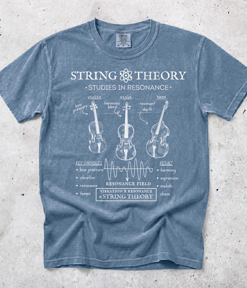 May include: A blue short-sleeve t-shirt featuring a white graphic print titled String Theory Studies in Resonance. The design includes illustrations of a violin, viola, and bass with labels, a wave diagram, and text detailing variables and results.