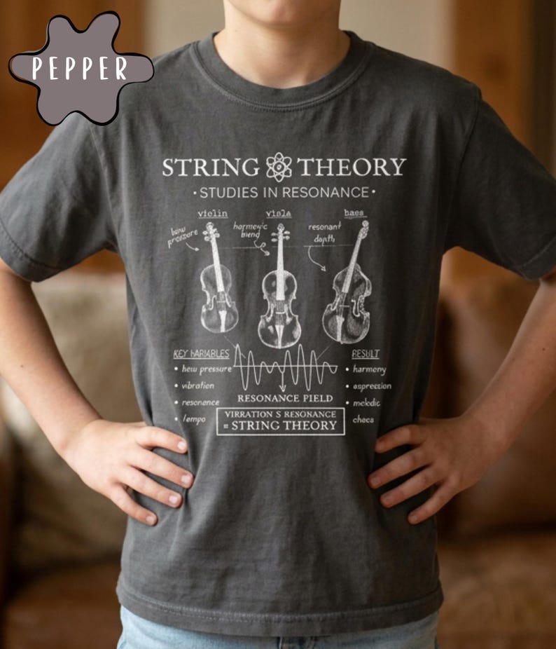 May include: A charcoal gray t-shirt featuring a white graphic print titled String Theory Studies in Resonance. The design includes illustrations of a violin, viola, and bass, along with text labels, a wave diagram, and the equation Vibration + Resonance = String Theory.