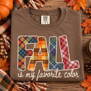 Könnte beinhalten: Ein braunes T-Shirt mit Rundhalsausschnitt, das Wort FALL in großen, mehrfarbigen Karobuchstaben und darunter den Text is my favorite color in weißer Schreibschrift. Das Shirt hat ein Comfort Colors Markenetikett am Innenkragen in Größe L-G-G.
