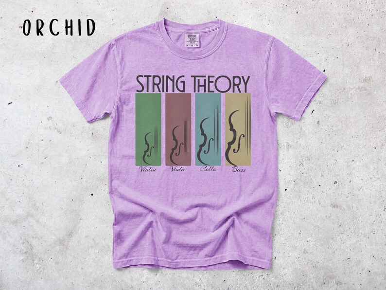 May include: A lilac t-shirt with the words "STRING THEORY" above four vertical rectangles. Each rectangle features a violin family instrument: violin, viola, cello, and bass. The shirt is a short-sleeved crew neck.
