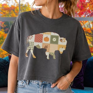 May include: A charcoal gray short-sleeve t-shirt featuring a large buffalo-shaped graphic filled with a patchwork pattern of autumn-themed squares, including pumpkins, acorns, leaves, and floral motifs in shades of orange, green, and cream.