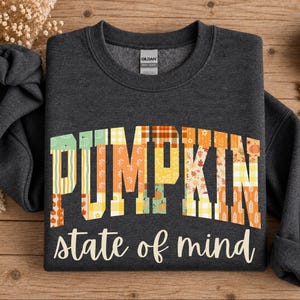 Pompoen State of Mind-sweatshirt, patchwork pompoen-sweatshirt, gewatteerde herfsttrui met ronde hals, herfstsweatshirt, comfortabele herfsttrui
