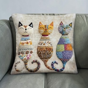 2D kattenpatroon kussensloop bedrukt patchwork effect kussenhoes boho woonkamer decor grillig dier borduurstijl cadeau