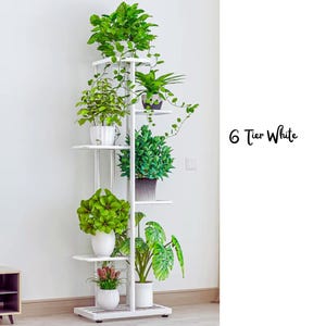 Könnte beinhalten: Ein weißer, sechsstufiger Pflanzenständer mit verschiedenen grünen Pflanzen in weißen Töpfen. Der Ständer hat eine rechteckige Basis und eine vertikale Tragstruktur mit Regalen. Der Text "6 Tier White" ist sichtbar.