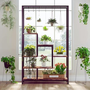 May include: A dark brown metal plant stand with multiple shelves and hanging rods, displaying various potted plants and hanging plants. The plants include ferns, succulents, and flowering plants, creating a vibrant indoor garden. The stand is positioned in front of a large window.