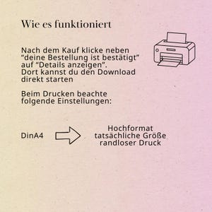 May include: A graphic with text in German, including "Wie es funktioniert" and instructions for downloading and printing. A printer icon is in the upper right corner. The background is a gradient of pink and yellow.