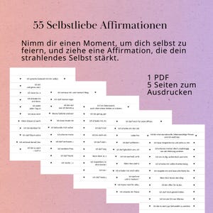 May include: A digital download featuring 55 self-love affirmations in German. The design includes a soft, colorful background with text in a clean, readable font. The listing includes 1 PDF with 5 pages of affirmations to print.
