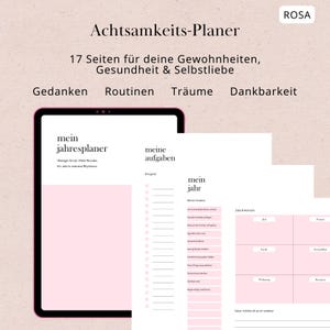 Könnte beinhalten: Ein rosa-weißer Planer mit deutschem Text. Der Planer enthält Abschnitte für Gewohnheiten, Gesundheit und Selbstliebe. Der Text auf dem Planer enthält die Wörter "Gedanken", "Routinen", "Träume" und "Dankbarkeit". Der Markenname "ROSA" befindet sich in der oberen rechten Ecke.