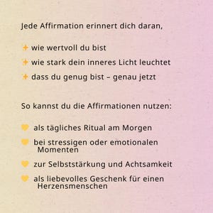 May include: A digital image with a gradient background of pink and yellow hues. The image contains German text in a black font, including phrases like "Jede Affirmation erinnert dich daran" and "als t&auml;gliches Ritual am Morgen."