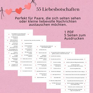 May include: A digital PDF with 55 love messages, perfect for couples. The image shows several pages with text in German, with pink hearts and text that reads "55 Love Messages".