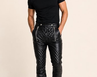 Pantaloni da motociclista da uomo in pelle nera trapuntata – Pantaloni da moto slim fit, stile punk