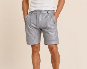 Men's Gray Leather Biker Shorts, Tailored Slim Fit Streetwear