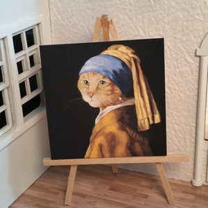 Miniature Shadow Box Art Print peinture chat drôle comme fille avec une perle boucle d&#39;oreille Galerie Portrait fait à la main