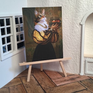 Miniature Maison de poupée Salle Boîte Art Victorian Cat Holding Fish Bowl Gallery Portrait Fait à la main