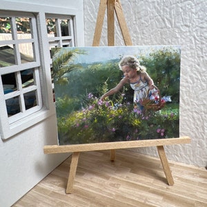 Miniature Dollhouse Room Box Wall Art Portrait Girl Picking Flowers in Field Handmade 1:12